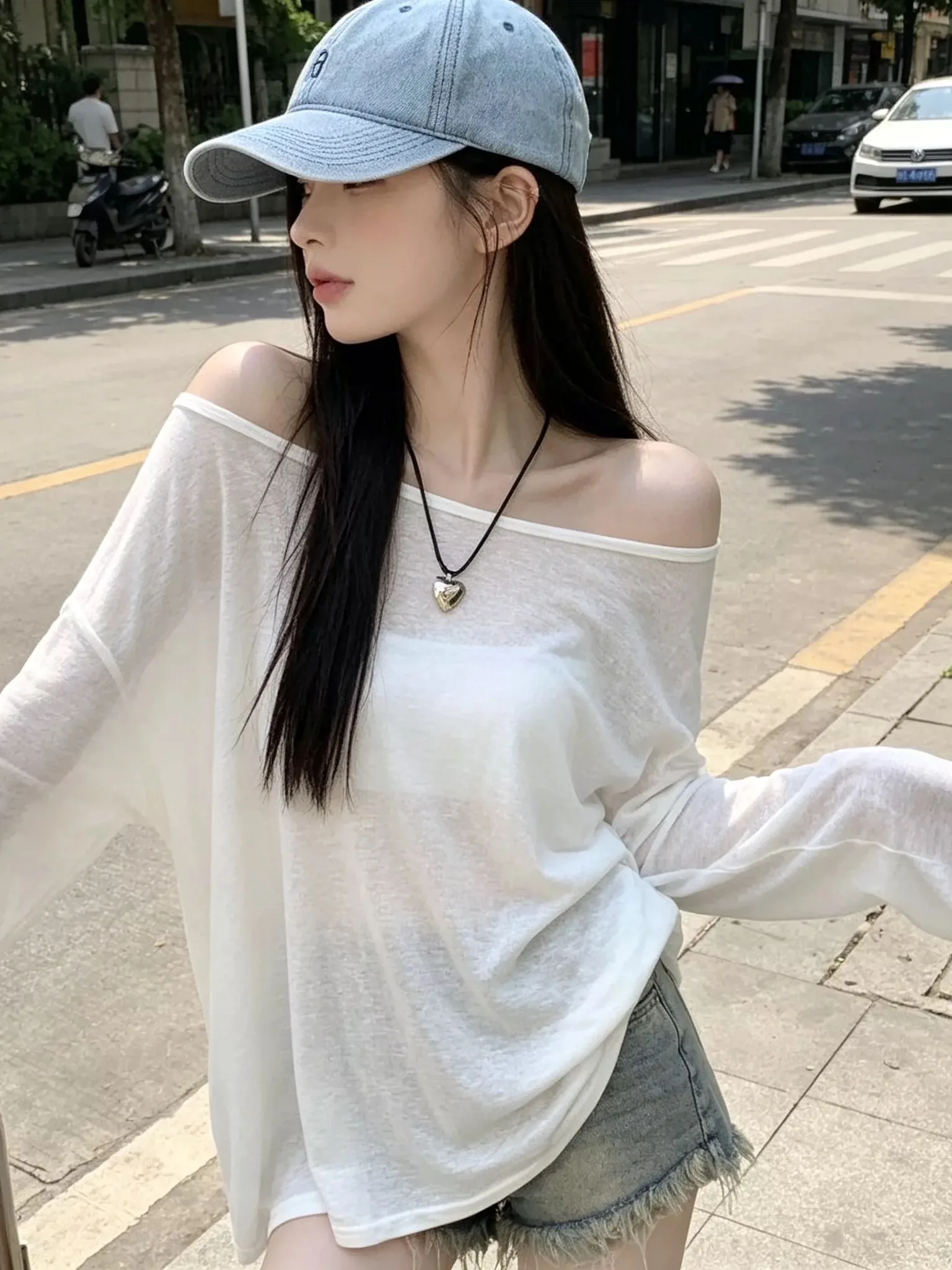 Women Summer Sheer Off Shoulder Long Sleeve T-shirt Korean Style Sun-proof Loose Breathable Clean Fit All-match Ulzzang Tops