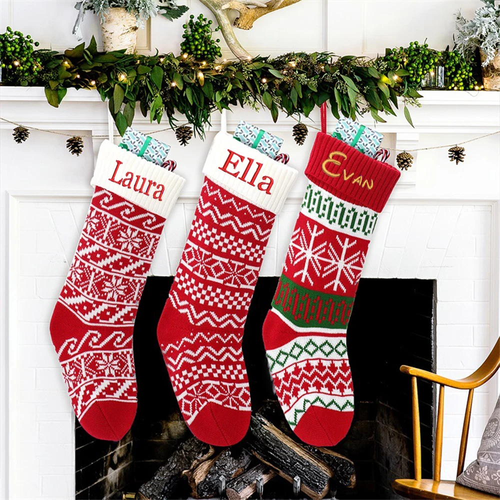 

Christmas Socks Knitted Christmas Stockings with Embroidered Name New Christmas Gift Bag Merry Christmas Gift Socks Supplies