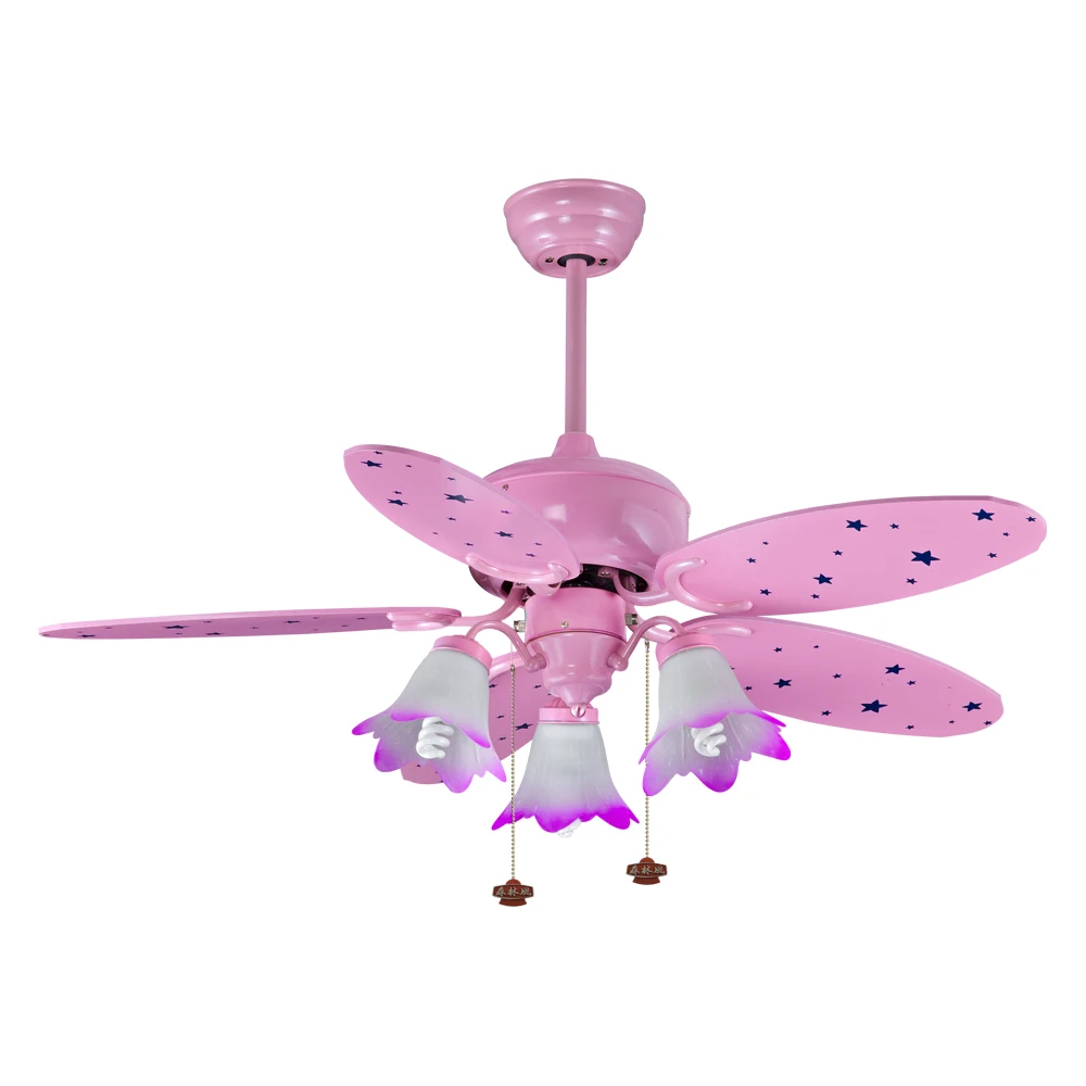 42 inch pink color  for children room pull chain switch pure copper AC motor wood blade ceiling fan with light