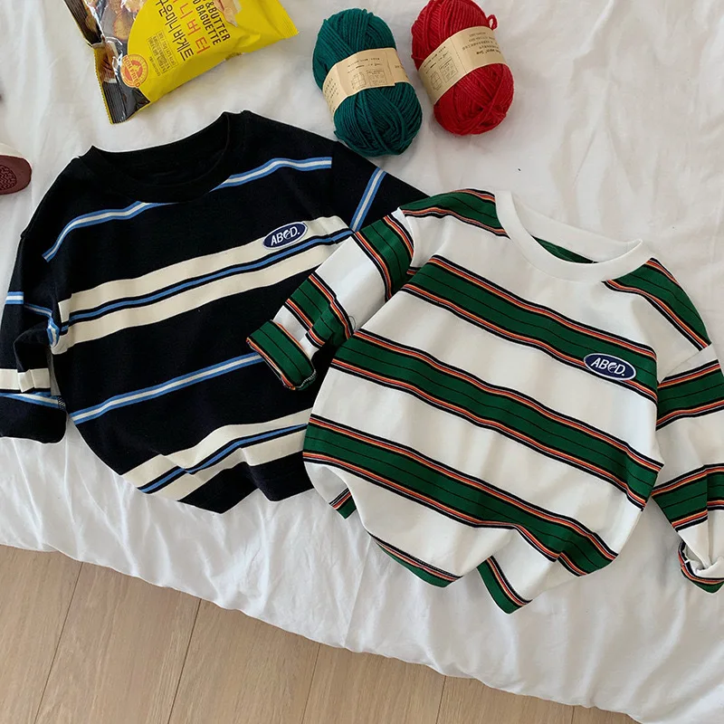 

RAISE YOUNG 2026 Spring Kids Boys T-shirts Cotton Striped Sticker Casual Long Sleeve Babys Girls Shirts Toddler Boys Autumn Tops