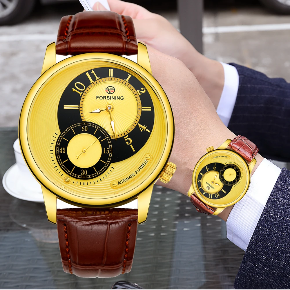 

FORSINING Golden Dial Men Automatic Watch Waterproof Brown Genuine Leather Band Mechanical Sport Wristwatches Relogio Masculino