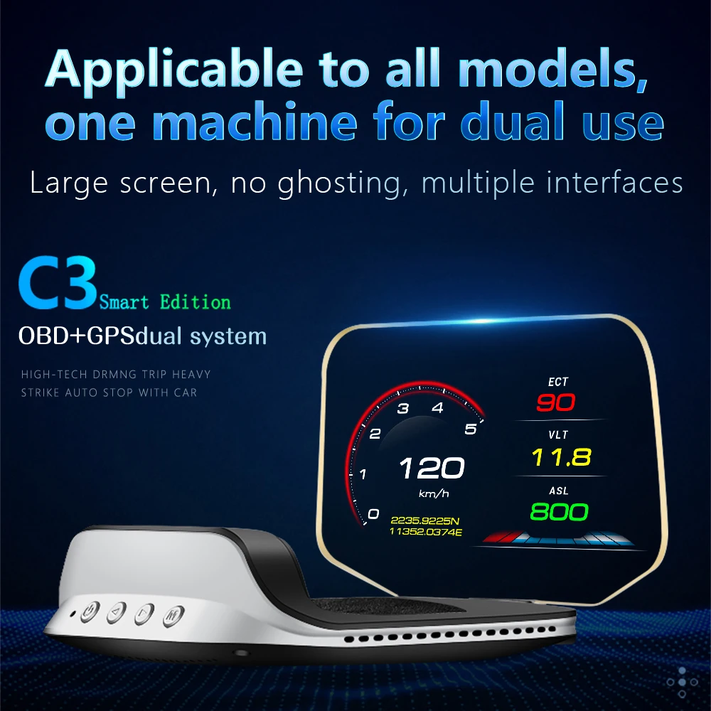 Multifunctional Factory Plug and Play Floating Projection Speed Alarm universal Car LCD Screen  HUD OBD+GPS dual-mode C3 Mirror