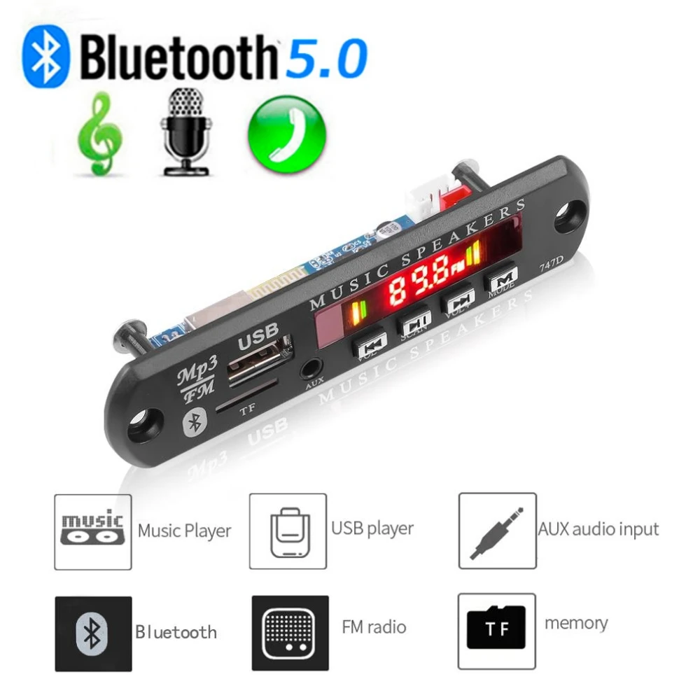 Car DIY 5.0 Bluetooth MP3 WAV Decoder Board DC 12V Wireless USB MP3 Music Player TF Card Slot FM AUX with Mic Handsfree control