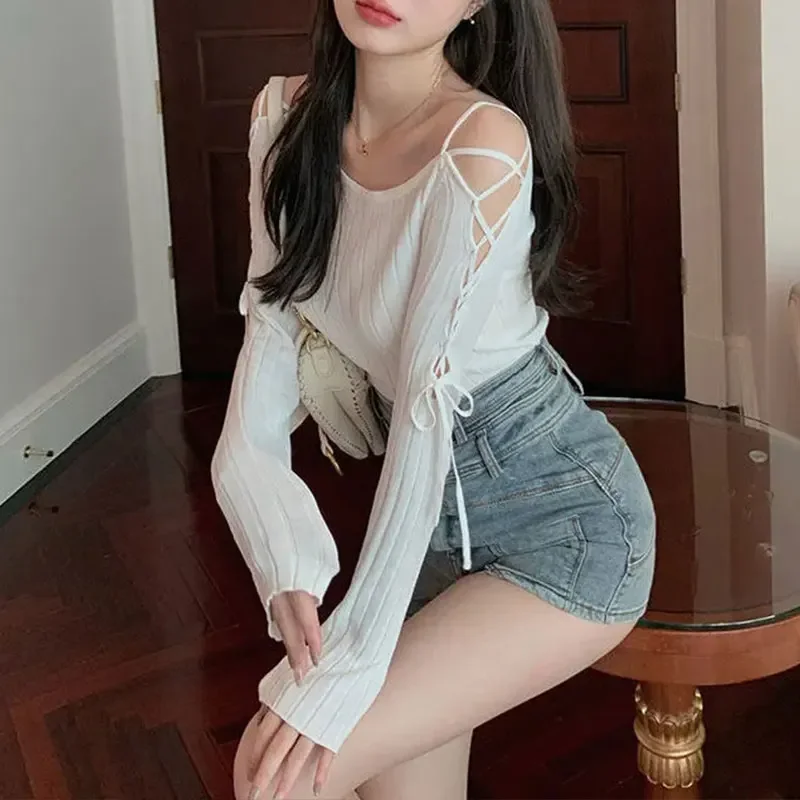 새로운 가을 밴디지 긴팔 니트 셔츠 여성 오프숄더 섹시 탑 슬림 시크 풀오버 솔리드 여성 탑