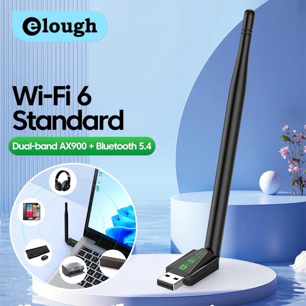 

Elough WiFi 6 2.4GHz/5GHz Dual Band Wireless Network Card WiFi 6 Driver Free AX900 Bluetooth WiFi 2-in-1 USB WiFi Receiver