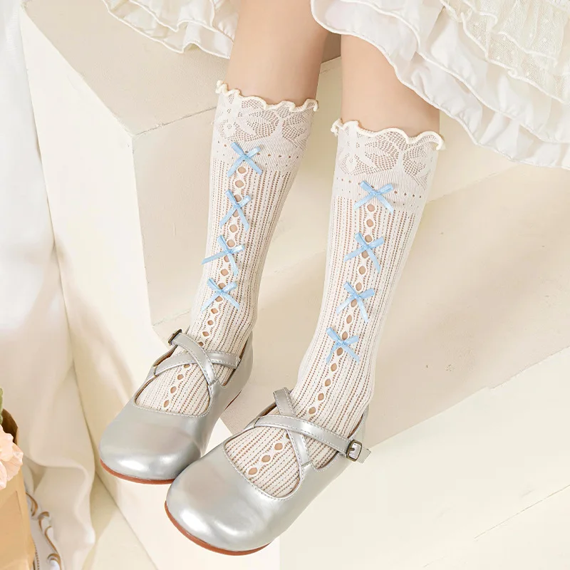 Summer Hollow Thin Lolita Girls Stockings Sweet Cute Bowknot Long Socks Kawaii Princess Baby Girls Kids Over The Knee High Socks