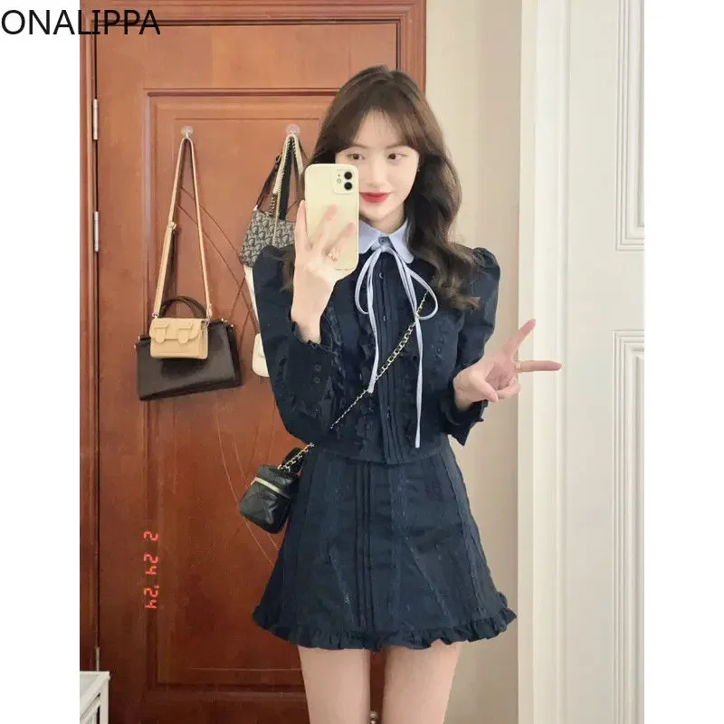 Onalippa Sweet Two Piece Sets Womens Outfits Wood Ear Hem Contrast Puff Long Sleeves Tops Preppy Style A Line Cake Mini Skirt