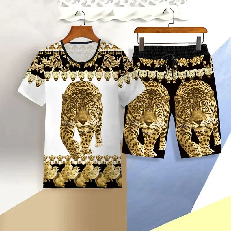 2025 New 3D Dragon Pattern Summer Men's Beach Short Sleeved Shorts Set Men's Clothing T-shirt 2-piece Set Round Neck Sport