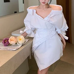 2024 New Spring Top Women's Personality Irregular Sling Waist Clamping Shirt Dress  Loose Fit  white