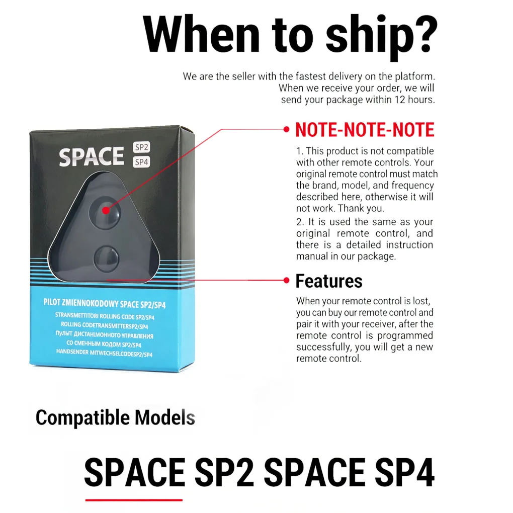 SPACE SP4 SP2 Télécommande de porte de garage/portail 433,92 MHz SPACE Ouvre-porte de garage télécommandé, émetteur1-10PCS