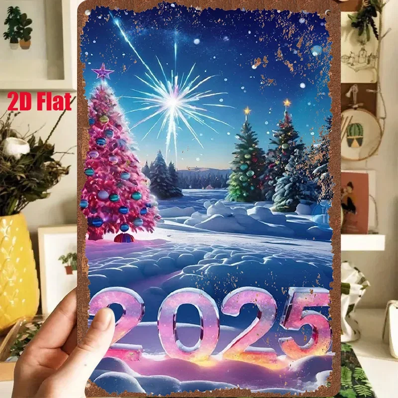 2D Flat - 1pc 2D [Flat] Metal Sign Vintage Tin Art 8X12 Inches / 20X30 Cm, Depicting a Beautiful Snowy Scene for New Year'S Eve