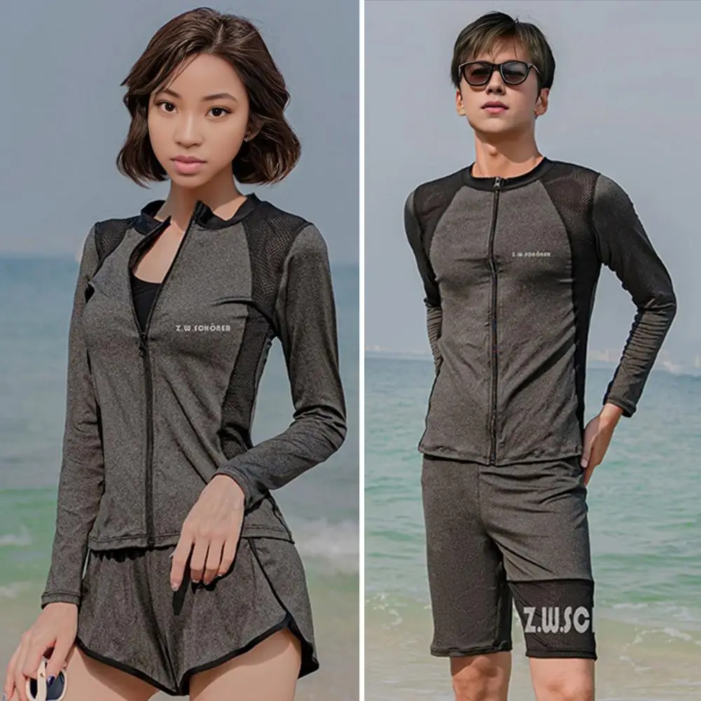 Zipper Swimsuit Top Unisex Long Sleeve Swimsuit Set with Zipper Closure Top Adjustable Waist Shorts for Surfing for Quick-drying image 4