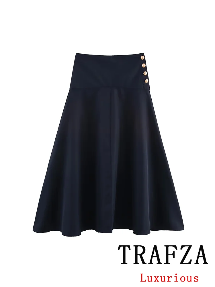 

TRAFZA Vintage Elegant Chic Women Skirt Solid Belt Buttons A-Line Skirt New Fashion 2025 Spring Summer Office Lady Long Skirt