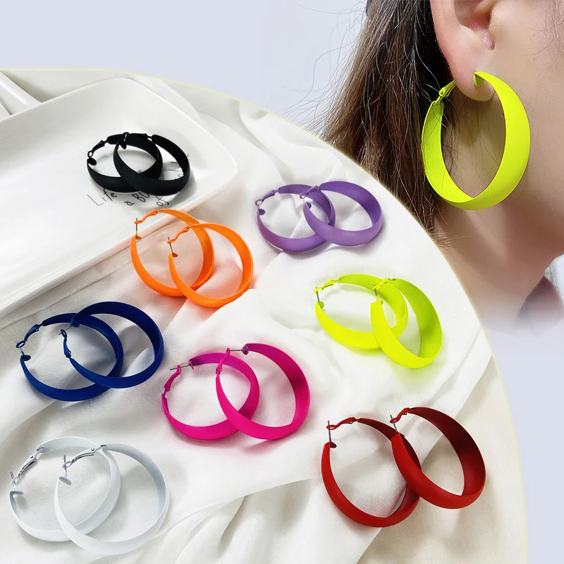 1 Pair Vintage Candy Color Hoop Earrings Women Metal Punk Big Circle Loop Earrings Large Pendant Ear Accessory Party Jewelry