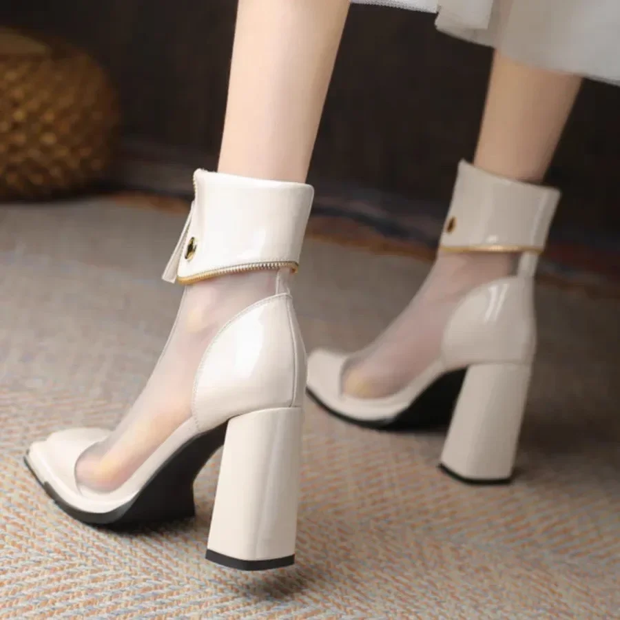 Fashion Chunky High Heels  Spring Mesh Solid Color Cool Boots Outwear Square Toe Sexy Pumps Female Short Boots