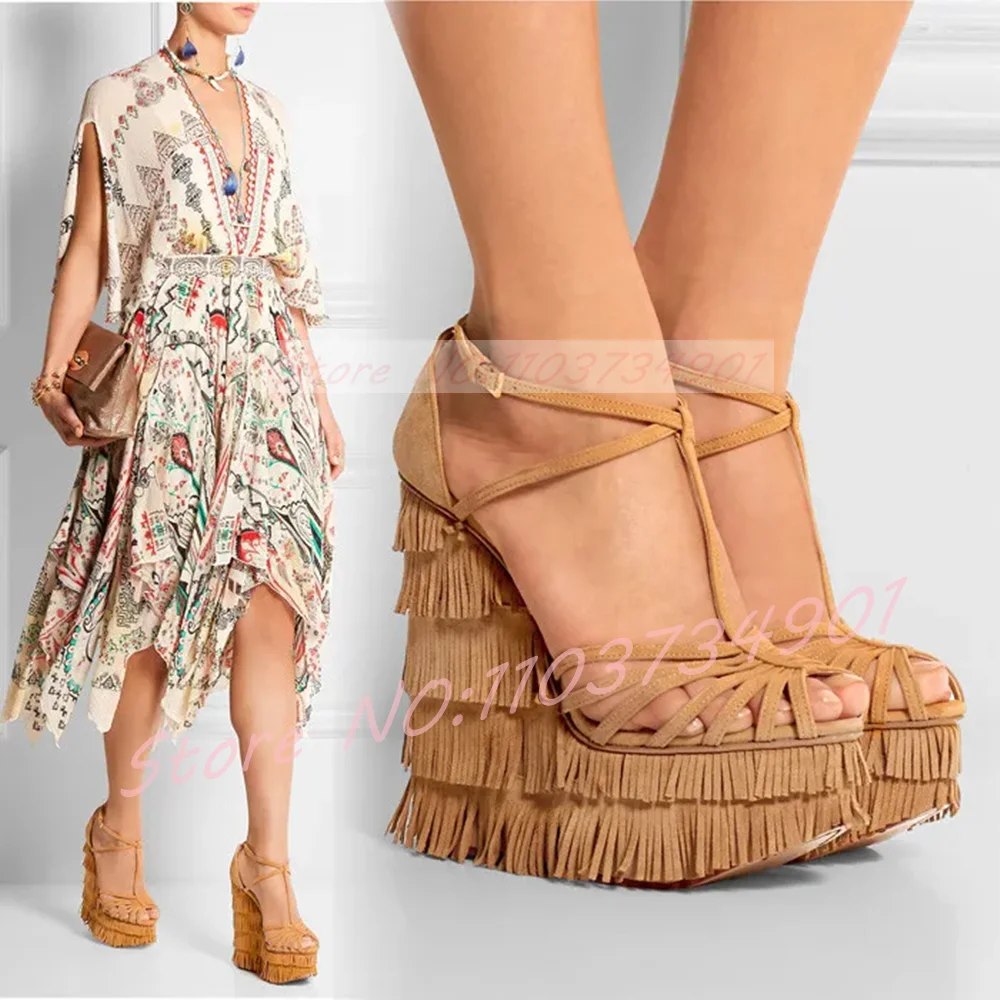 Sandalias de plataforma con cuña y flecos en forma de T, para mujer, color marrón, con borlas, punta abierta, correa en el tobillo, estilo «cage», ideales para vestidos, para fiestas, sandalias de tacón alto.