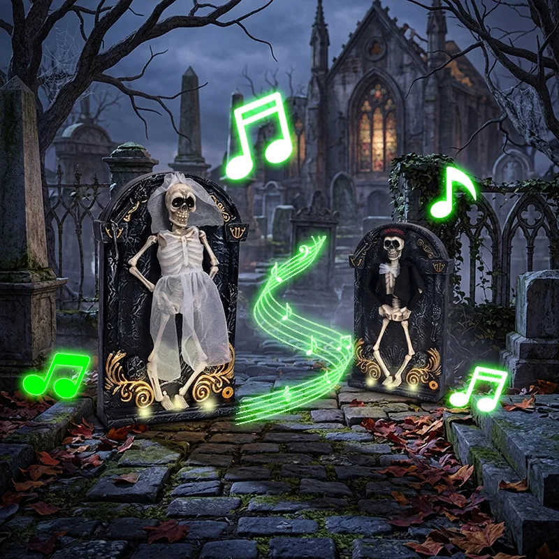 Halloween Tombstone Ornament Electric Dancing Skull Glow Dynamic Indoor Party Event Ornament Cloth