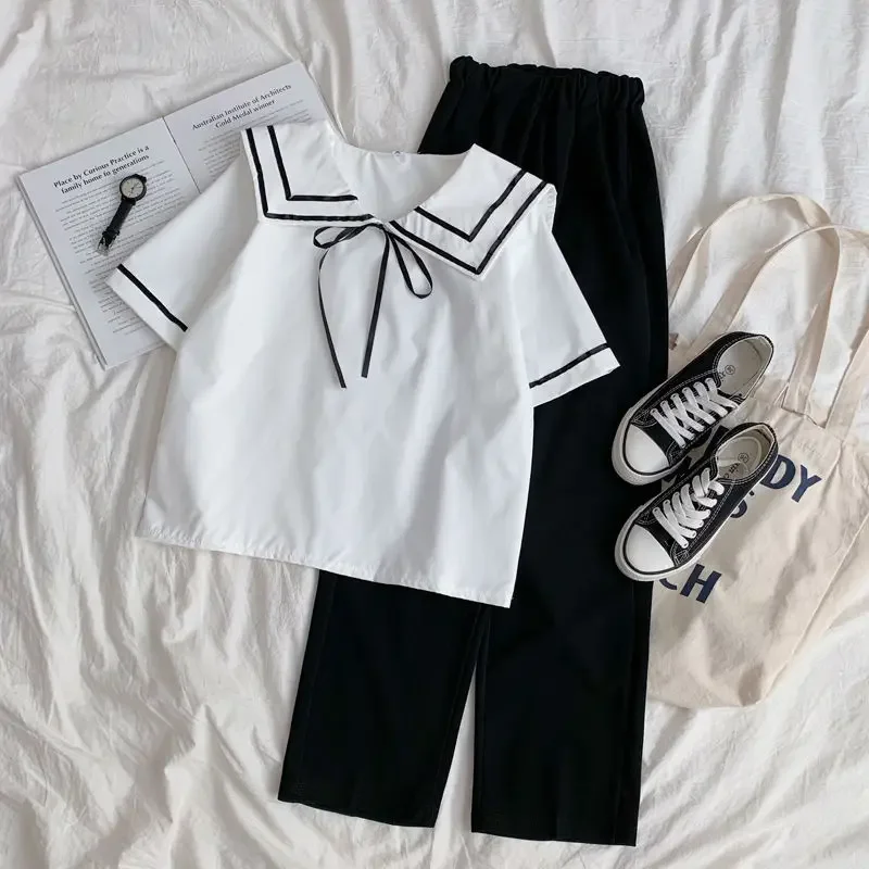 

Women Sets T-shirts Wide Leg Pants Sailor Collar Bow Loose Retro Gentle Kawaii Design Japanese Style College Young Casual Trendy