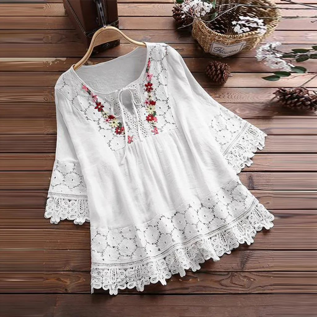 Vintage Floral Embroidery Tunic Blouse 2024 Summer Solid Color 3/4 Sleeve V Neck Lace Up T-Shirts Plus Size Loose Casual Tee Top