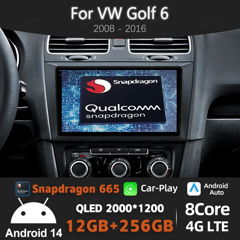 Android 14 Wireless Carplay Auto Car Radio For Volkswagen VW Golf 6 MK6 GTI R 2008 - 2012 Multimedia Stereo Video Player 4G WIFI