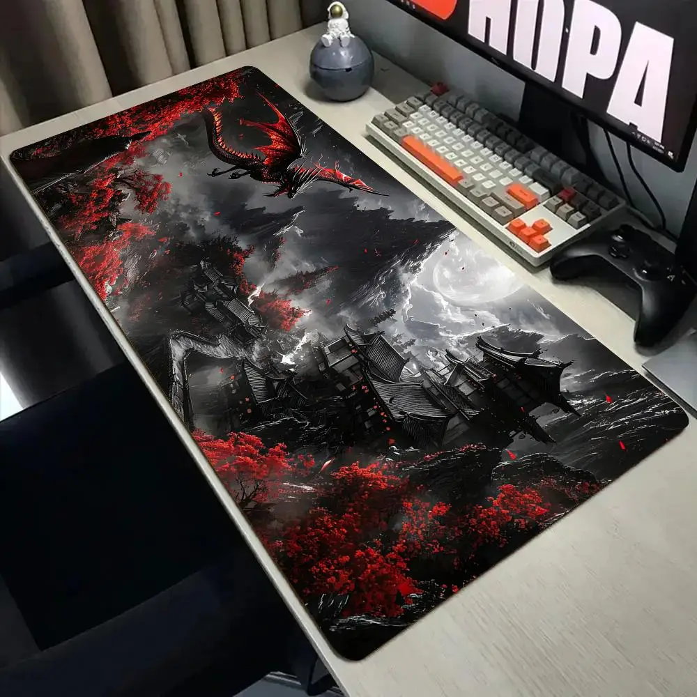 Ancient Pavilion and Dragon Mouse Pad Desk Mat with Stitched Edge XXL Mousepads Rubber Anti-slip Gamer Keyboard Rug Gaming Mats