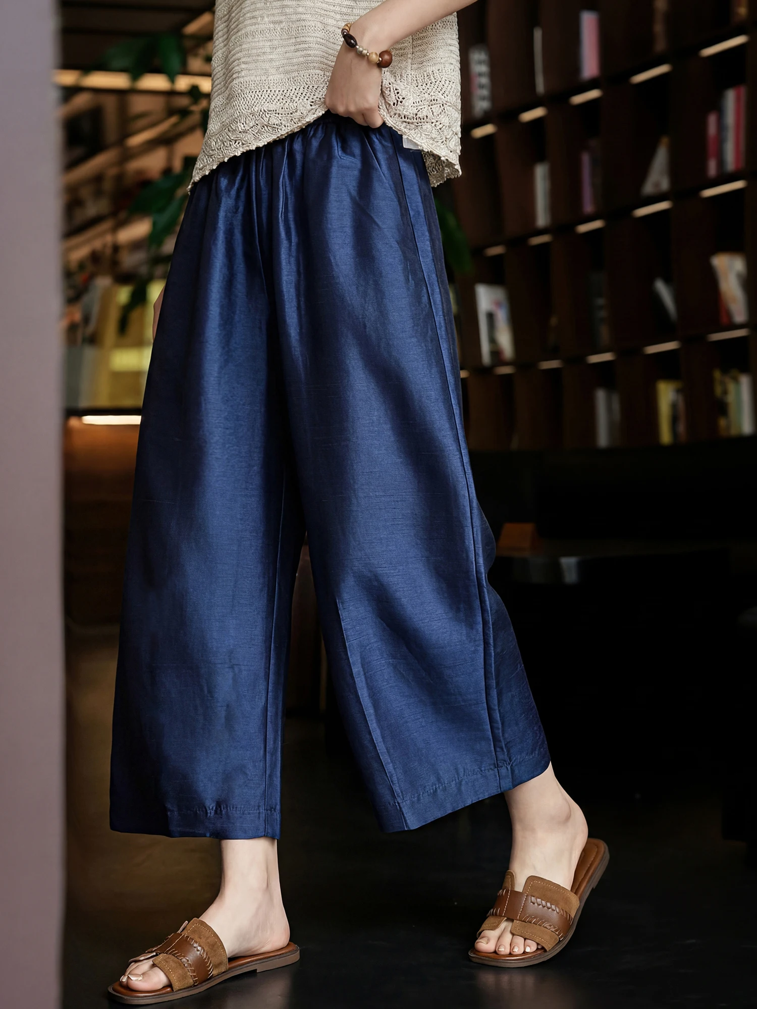 Silk-Like Matte Pants Elastic Waist Wide Leg Pants Casual Style Pure Color Pocket Detail Polyester Fiber Skin-Friendly Breath...