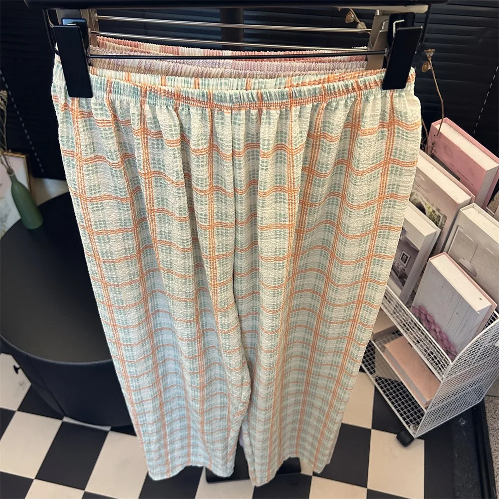 

Домашняя одежда, шикарные повседневные длинные брюки, женские свободные полосатые клетчатые прямые брюки с высокой талией, весна-лето, широкие брюки для девочек