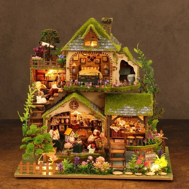 NOWE DIY Drewniane przygody w lesie Casa Miniaturowe zestawy do budowania Zmontowane domki dla lalek Półka na książki Wystrój domu Przyjaciele Prezenty urodzinowe