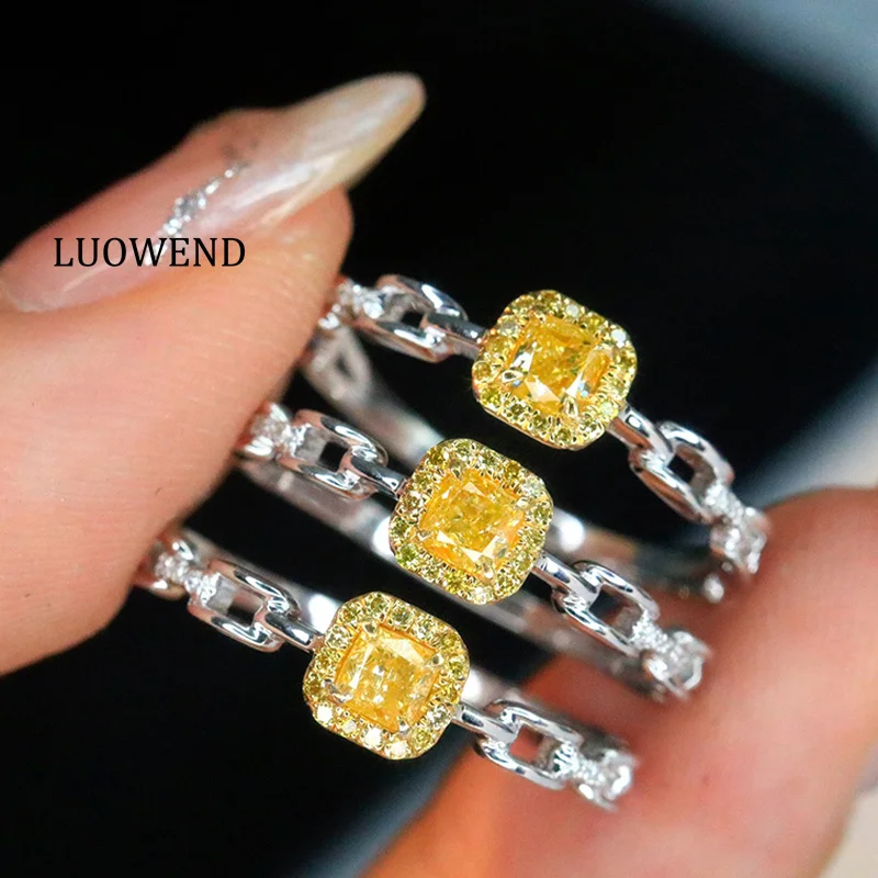 

LUOWEND 100% 18K White Gold Rings Fashion Chain Design Real Natural Yellow Diamond Engagement Ring for Women Wedding Jewelry
