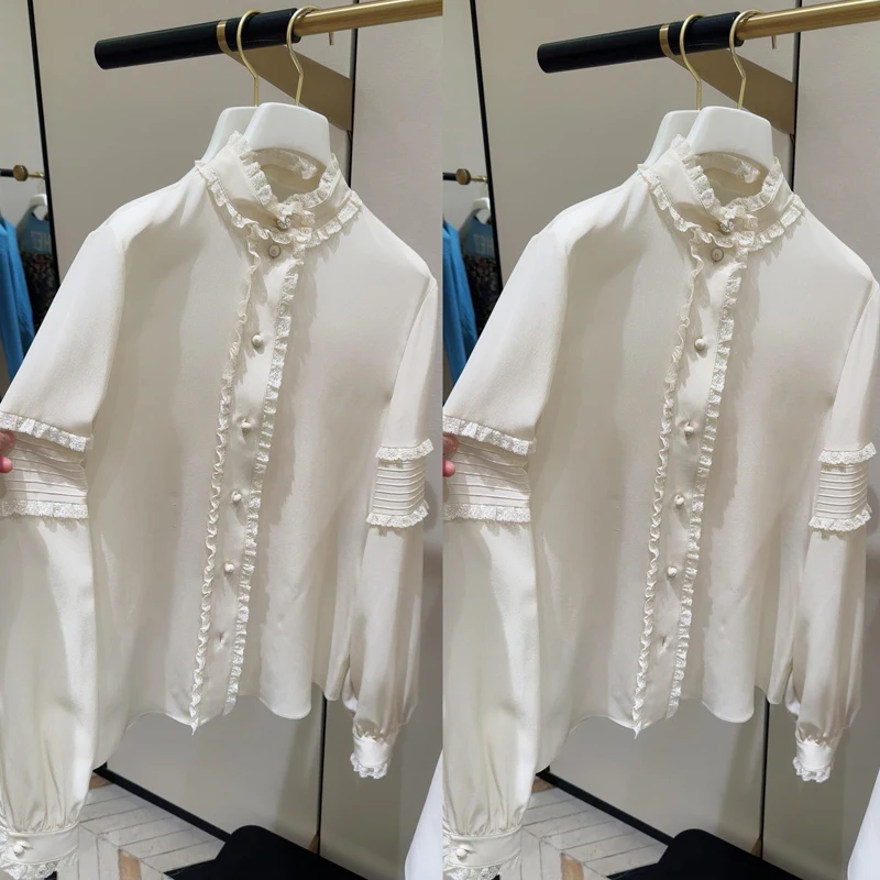 

Handmade Lace Pearl White Silk irt Vintage Collectible Early Spring Faion French Sle Long Sve Stand Collar Men's irt