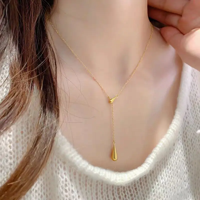 

24K brushed sunflower seed necklace 9999 women's trendy versatile collarbone chain tassel water droplet new pendant