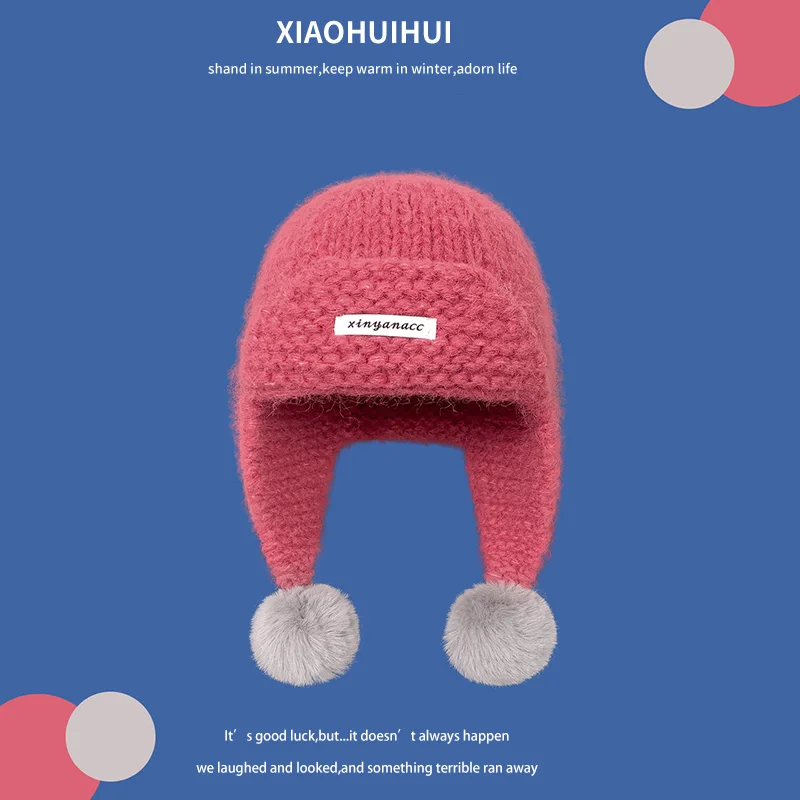 Topi Bomber Rajut Korea Sederhana dan Modis dengan Hiasan Bulu untuk Wanita, Menjaga Kepala Tetap Hangat di Musim Gugur dan Musim Dingin