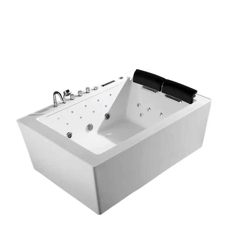 

Bathroom Luxury Three Sided Art Skirt Bathtub Cylinder Surface Solid Wood Massage Bathtub for 2 Person