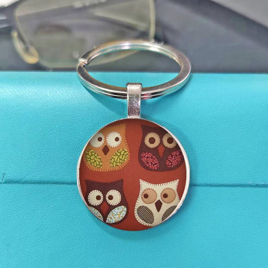 New Glass Convex Round Owl Key Chain Lovely Cartoon Animal Pendant Bag Holder Key Rings view 6