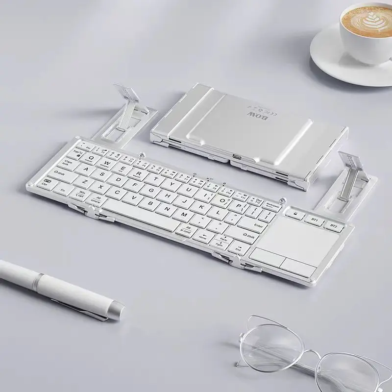 B.O.W Folded Keyboard Metal , Pocket Keyboard Touch-pad and Holder for  Cellphone iPad  Supporting  iOS, Android, Windows