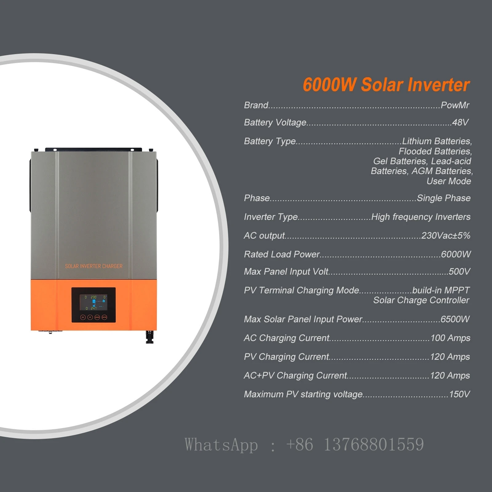 6200W 48v Solar Inverter PV 150V 120A MPPT Hybrid Pure Sine Wave