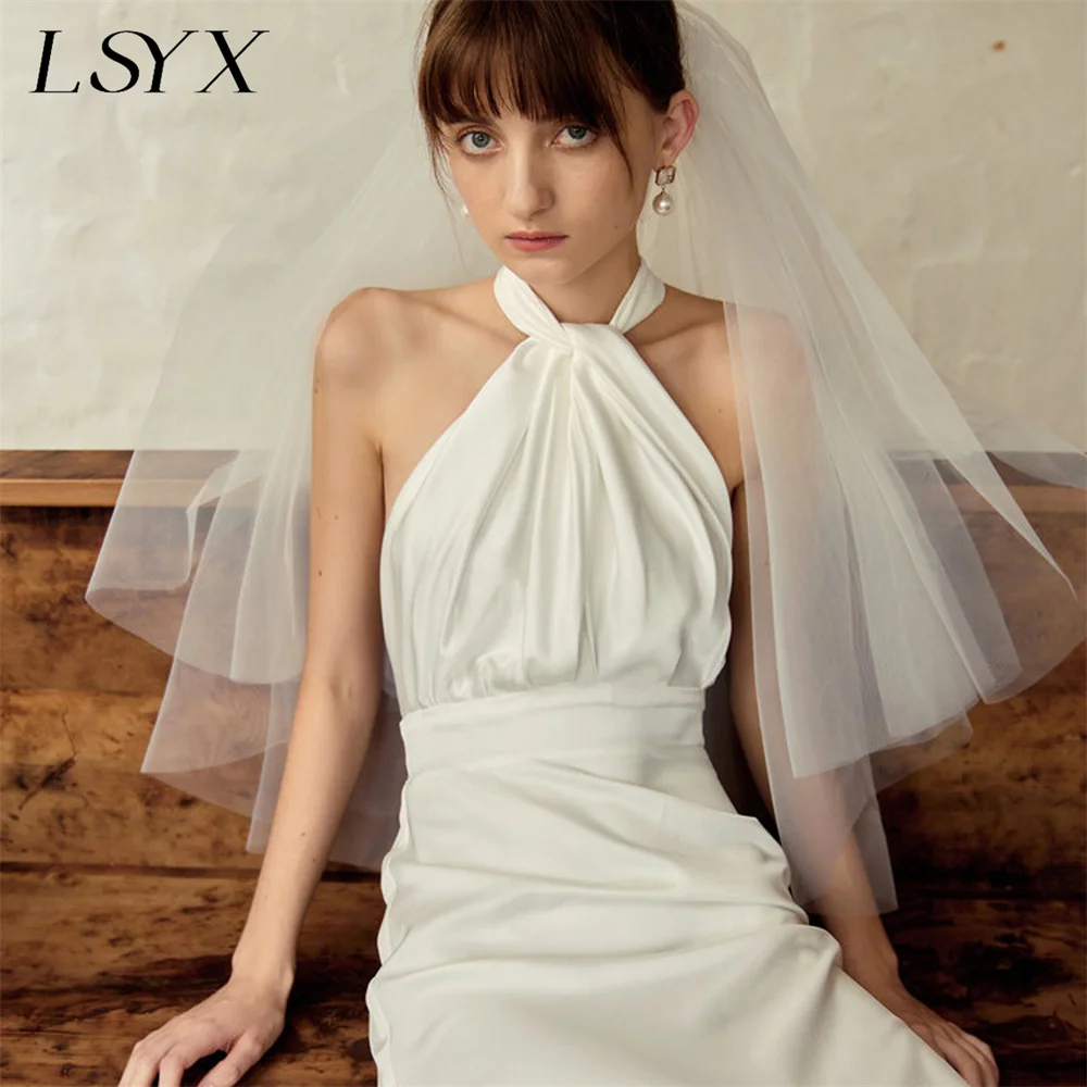 LSYX Customized Halter Sleeveless Elegant A Line Wedding Dress For Women Pleated Backless Court Train Bridal Gown Simple