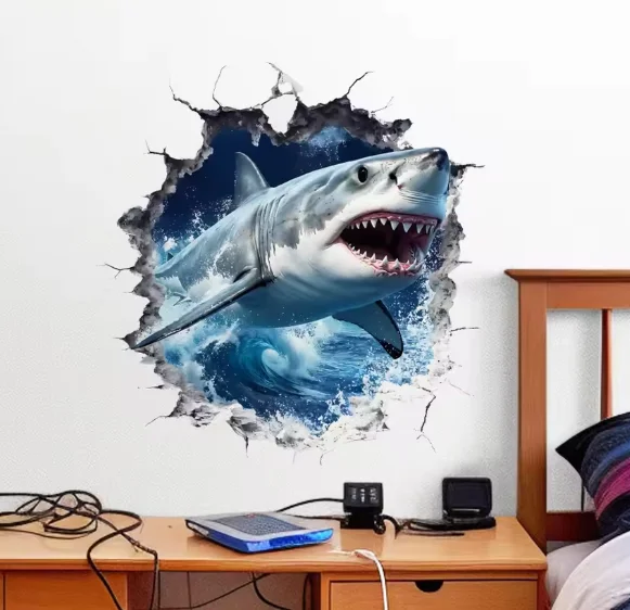 Broken‑Wall Great White Shark Wall Sticker Size 30x30cm Realistic Wall‑Breaking Visual Effect Fierce Shark Decal