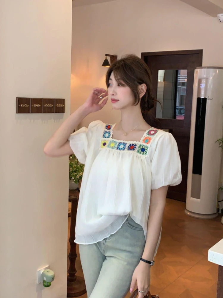 

Women's French Inspired Square Neck Short Sleeve Blouse Summer Tummy Control Top Unique Design Slimming Casual Shirt