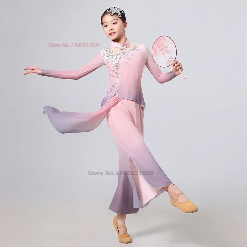 2025年伝統的な中国の子供たちのダンス衣装、花の刺繍グラデーションカラーメッシュ漢服トップス+パンツステージパフォーマンスドレス