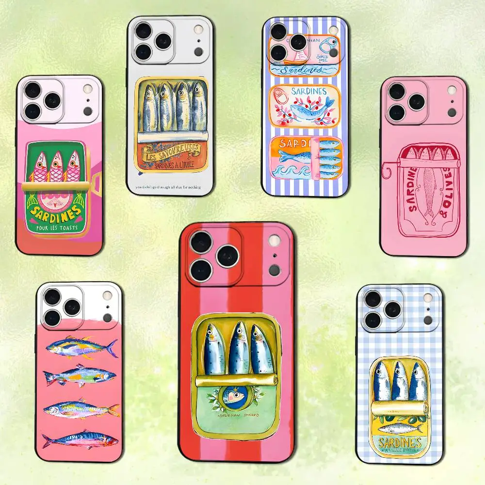 

Food Sardines Canned Phone Case For iPhone 14,13,17,12,11,16,15,Plus,Pro Max,XS,X,XR,SE,Mini,Soft Silicone Black Cover