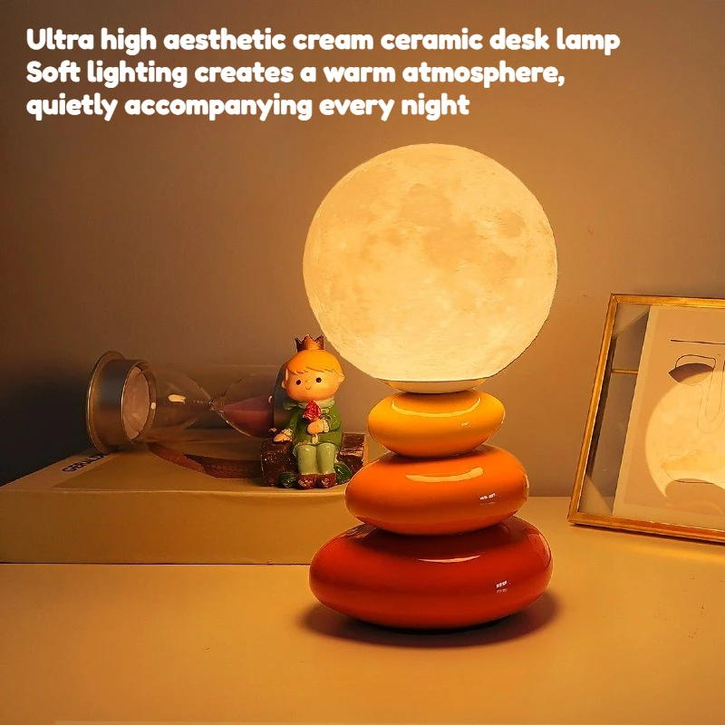Cream Style Stacked Stone Ceramic Planet Lamp Luxury Bedside Light Soft Sleep Creative Ambient Night Light for Bedroom