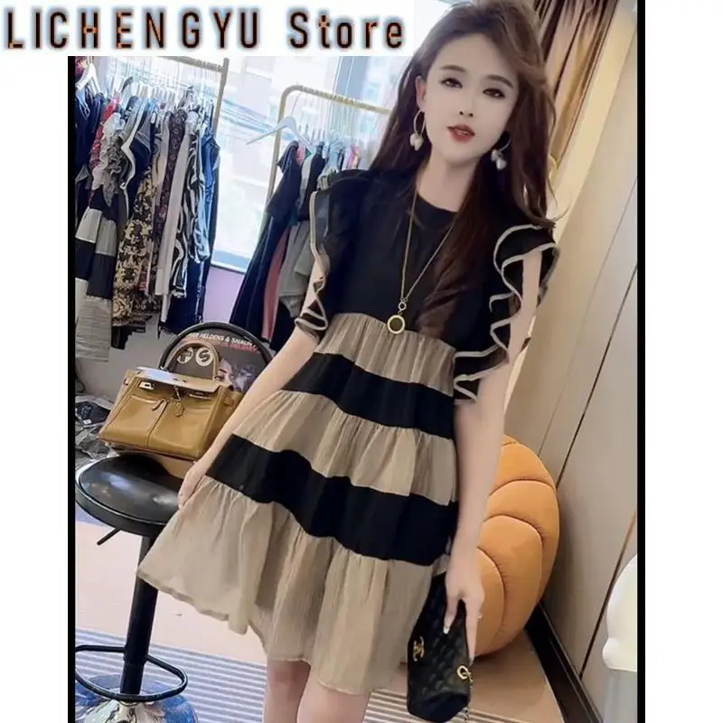 

Fashion O-Neck Spliced Folds Striped Butterfly Sleeve Mini Dress Clothing Summer New Loose Office Lady Sleeveless Dress