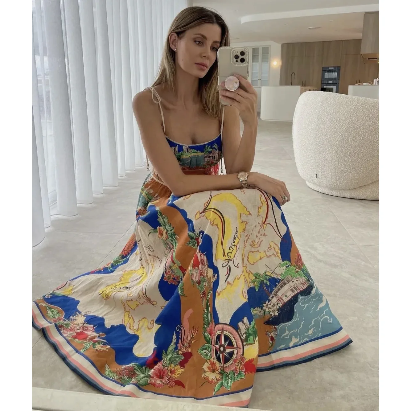 Women Elegant Backless Straps Slip Long Dresses Casual Loose Sleeveless Holiday Print Summer Female A-line Midi Dress Sexy New