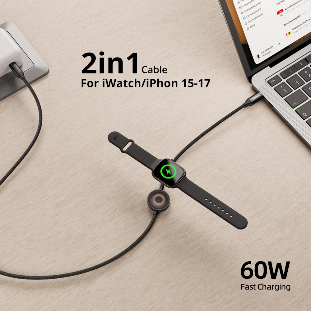 Bonola 2-in-1 Magnetisches Ladekabel für Apple Watch Ultra 11 60W Schnellladung USB-C zu C Geflochtenes Datenkabel für iPhone 15/16/17 – Detail 1
