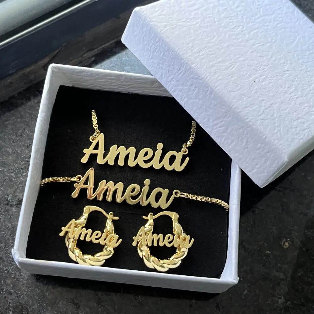 DUOYING Custom 3Pcs Set Personalized Box Chain Bracelet Gold Name Pendant Necklace With 18mm Twist Earring Jewelry For Girl's