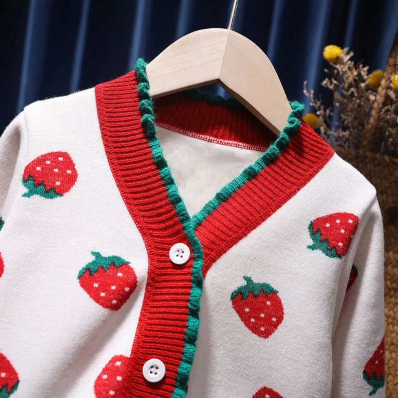 Children Clothing Cute Strawberry Print Single Breast V Neck Cardigan Girl Sweet Fashion Outing Knitted Sweater Casual Warm Coat