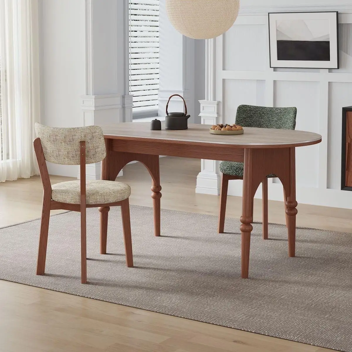 HYS French antique solid wood rock slab dining table household small apartment retro oval dining table table