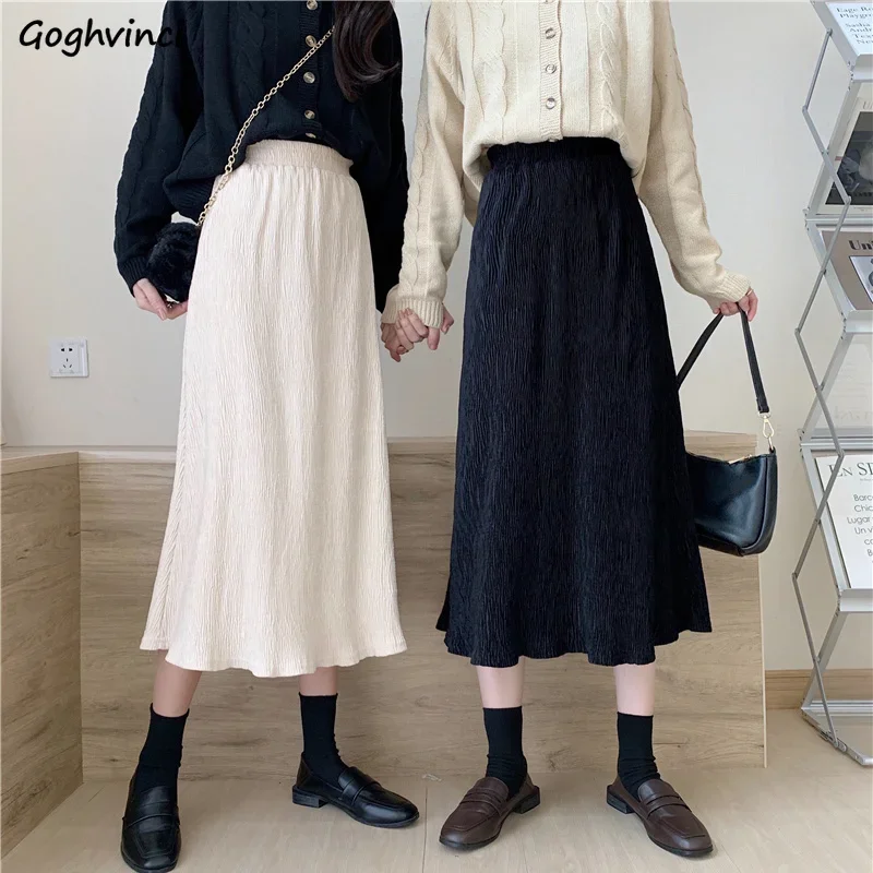 

Midi Skirts for Women Solid Korean Fashion Ruffles High Waist New A-line Casual Tender Cozy All-match Streetwear Ulzzang Chic