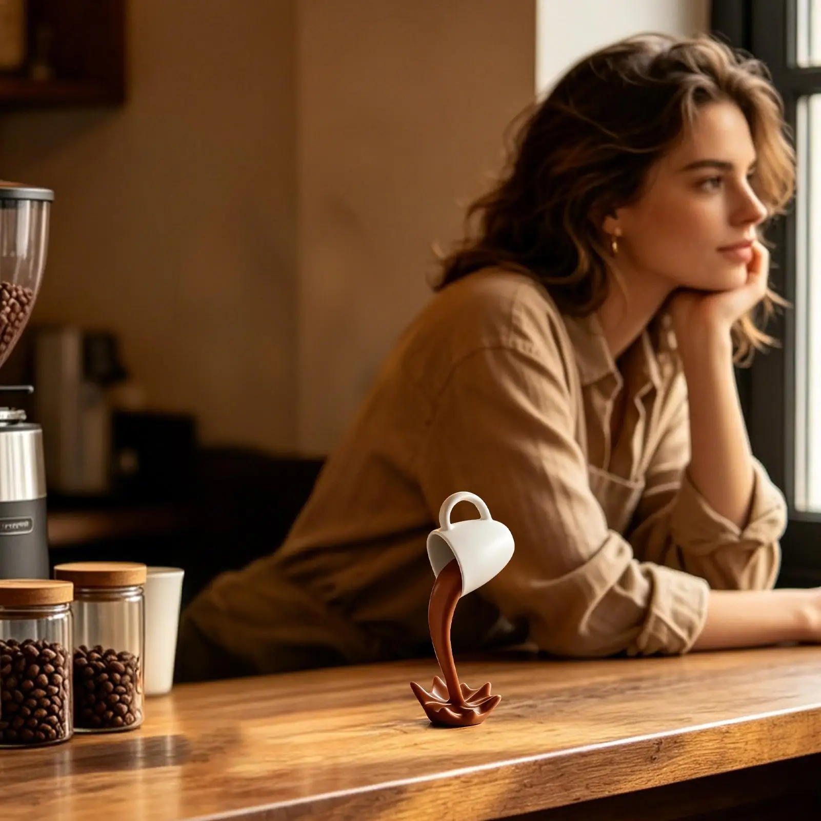 Coffee Cup Spilling Statue Funny Figurine Display Ornament Table Coffee Spilling Figurine For Bookshelf Bedside Dining Table